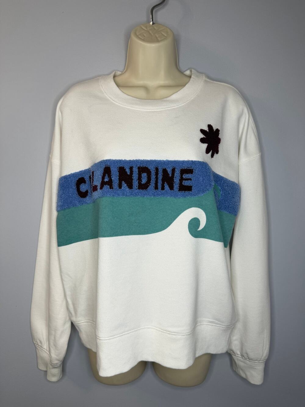 Anthropologie Celandine Surf Camp Tufted Sweatshirt White Blue Women's S/M New
